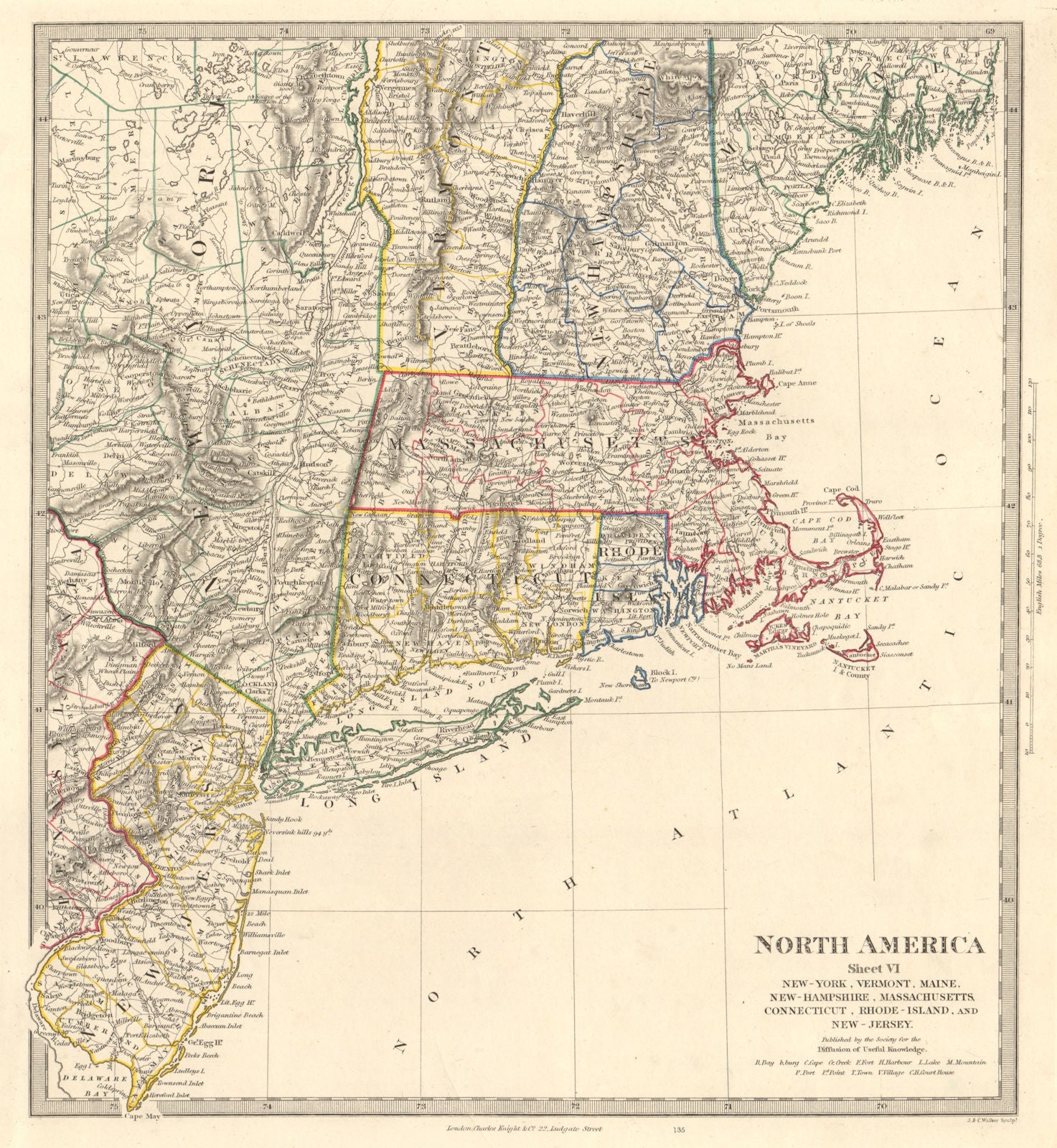 USA. New York Maine Massachusetts Connecticut New Jersey NH RI VT. SDUK 1846 map